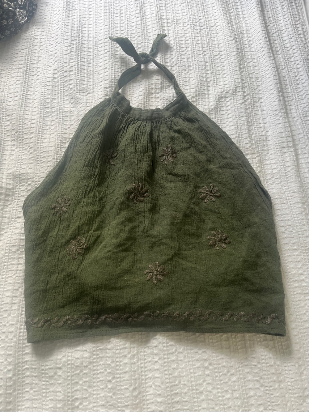 Olive Green Halter Tank Top with Embroidered Detail